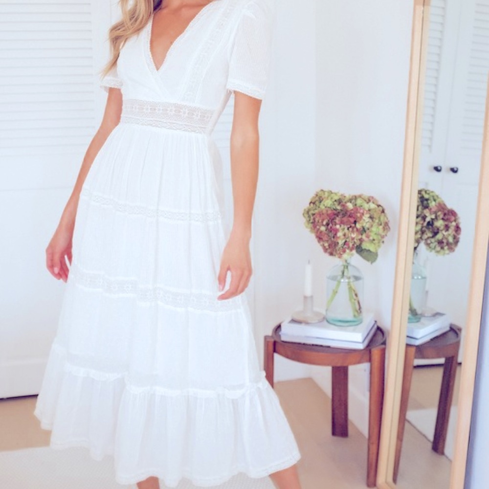 Lulus Folklore White Swiss Dot Lace Tiered Midi Dress